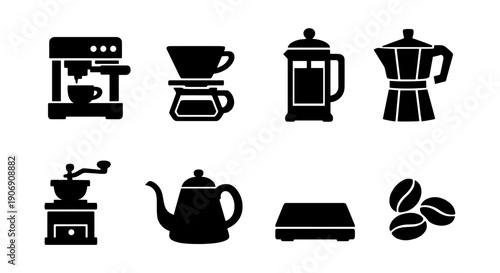 Coffee brewing equipment icons: espresso machine, dripper, french press, moka pot, grinder, kettle, scale, beans
