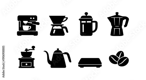 Coffee equipment icons: espresso, drip, french press, moka pot, grinder, kettle, scale, beans
