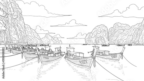 Scenic outline of longtail boats on serene tropical coastline with limestone cliffs