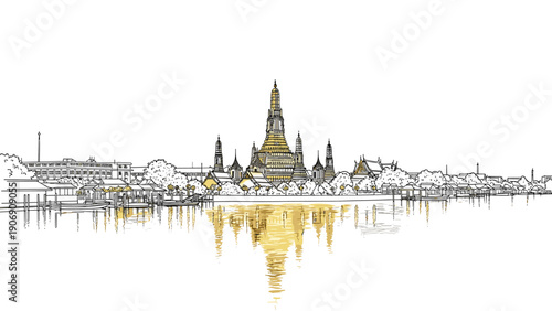 Linear sketch of wat arun temple with reflective river in bangkok, thailand