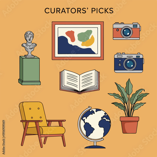 Illustration of a curated interior featuring art, a bust, and cameras