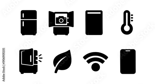 Smart home icons: refrigerator, thermostat, wifi, eco-friendly leaf, camera, smartphone, signal