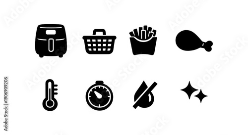 Air fryer icons set: basket, fries, chicken, temperature, timer, oil-free, clean