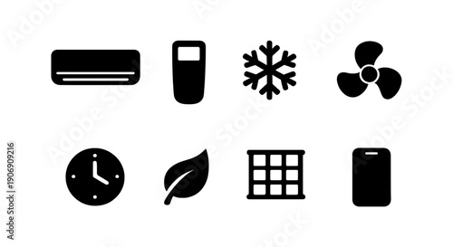 Air conditioning and ventilation icons: ac, remote, snowflake, fan, clock, leaf, grid, smartphone