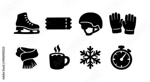 Winter essentials: ice skates, ticket, helmet, gloves, scarf, mug, snowflake, stopwatch icons