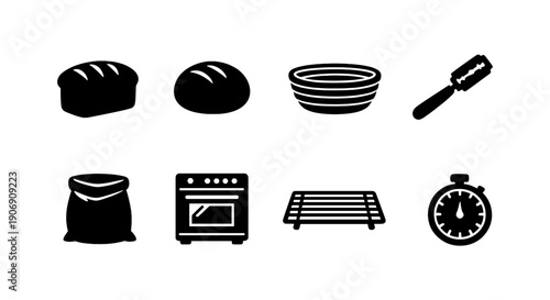 Bread making icons: loaf, dough, bowl, blade, flour, oven, rack, timer