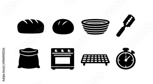 Bread baking essentials: ingredients, tools, and oven icons
