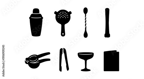 Silhouette set of cocktail bar tools and glasses for bartending