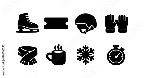 Winter sports icons: skates, ticket, helmet, gloves, scarf, hot drink, snowflake, stopwatch