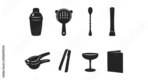 Black icons of cocktail shaker, hairbrush, spoon, muddler, lime squeezer, tongs, glass, menu