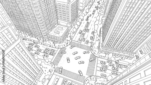 Intricate urban skyline with high-rise buildings and busy streets in linear perspective