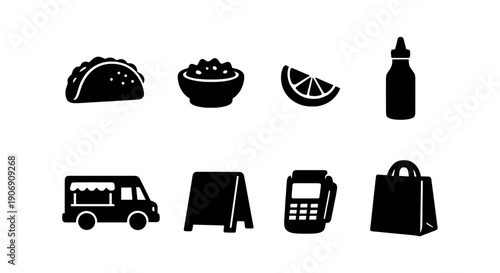 Black icons set: taco, salsa, lemon, sauce, food truck, sign, card reader, shopping bag