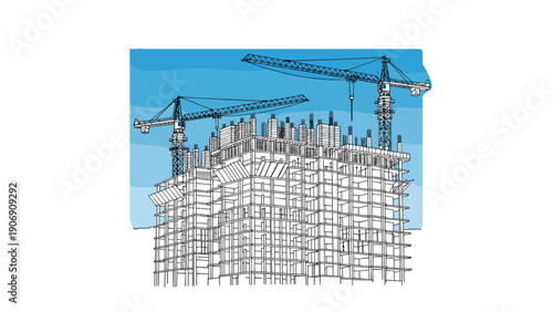 Urban construction site with cranes and building framework against blue sky