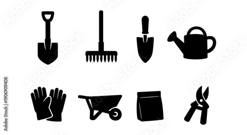 Silhouette icons of essential gardening tools including shovel and watering can