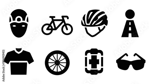 Simple cycling icon set featuring helmet, bicycle, and accessories in black and white