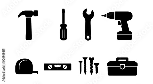 Black silhouettes of construction tools including hammer and drill