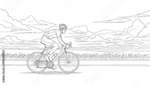 Cyclist riding road bike with dramatic cloudy sky in linear art