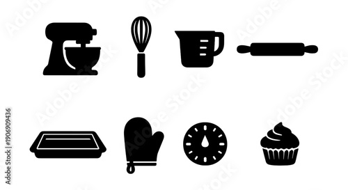 Silhouette icons of baking tools including mixer, whisk, measuring cup, and rolling pin