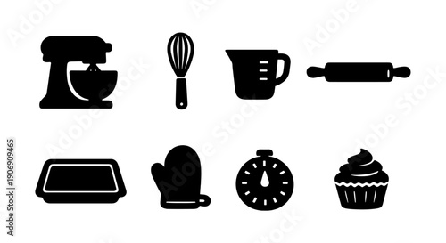 Baking tools icons set: mixer, whisk, measuring cup, rolling pin, bakeware, oven mitt, timer, cupcake