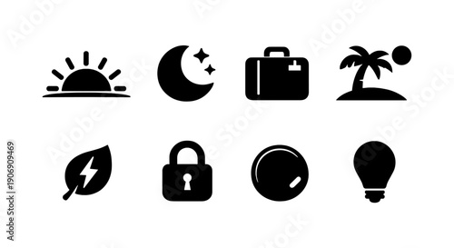 Sun moon luggage island leaf lock knob light icons set black silhouettes