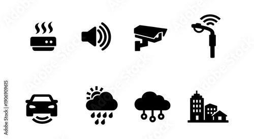 Smart home and city icons: sensors, surveillance, weather, connectivity