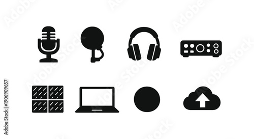 Vintage microphone, ping pong paddle, headphones, audio interface, mixer, laptop, record, cloud icon set