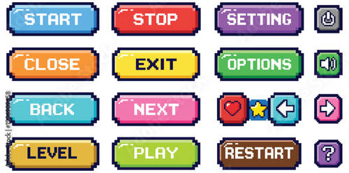 Pixelated Interface: A collection of pixelated buttons with various text commands and icons, creating a nostalgic retro aesthetic.