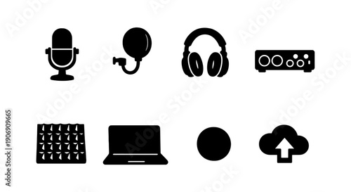 Audio and music equipment icons set: microphone, headphones, laptop, cloud upload