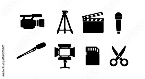 Film equipment icons: camera, tripod, clapperboard, microphones, light, sd card, scissors