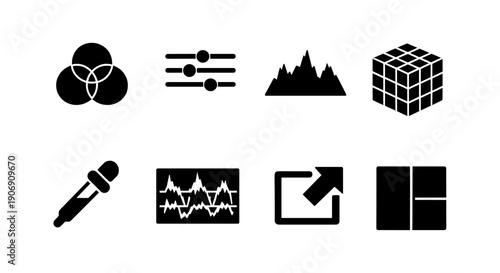 Set of eight black silhouette icons for design and editing tools