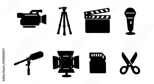 Silhouette icons of video production tools: camera, tripod, clapperboard, microphone, boom mic, studio light, sd card, scissors