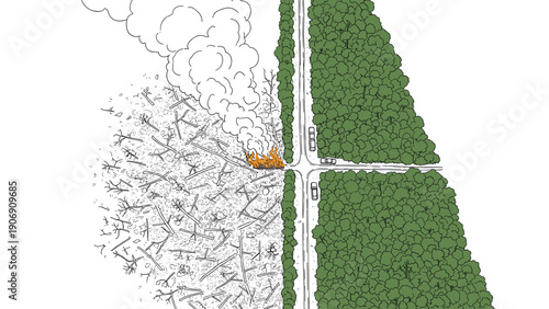 Forest fire impact: detailed contrast between lush greenery and burnt woodland