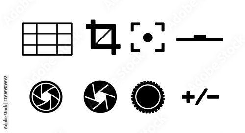 Photography icons set: grid, crop, focus, levels, aperture, iso, exposure