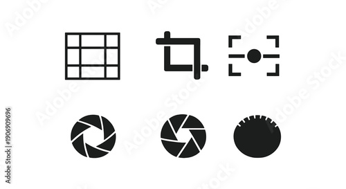 Photography icons: grid, crop, focus, aperture, lens, exposure settings