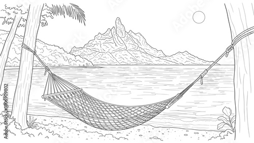 Relaxing beach hammock against mountain view in detailed line art scene