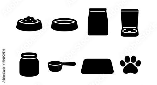 Pet feeding essentials: dishes, food bags, automatic dispenser, jar, scoop, mat, paw print