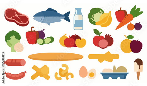 Flat Food and Grocery Essentials Vector Illustration Set for Supermarket Design