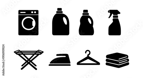 Laundry icon set: washing machine, detergent bottles, spray, drying rack, iron, hanger, folded clothes