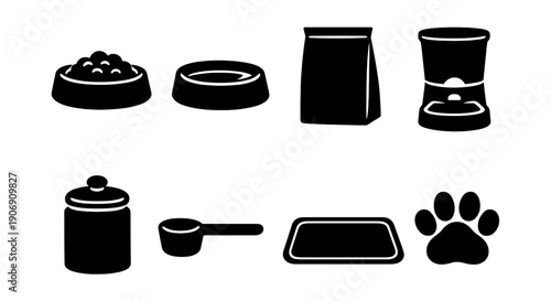 Pet feeding icons: bowls, containers, scoops, and paw print silhouettes