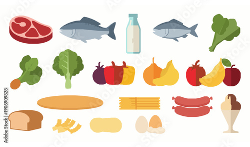 Modern Flat Grocery Food Items Vector Collection Isolated on White Background