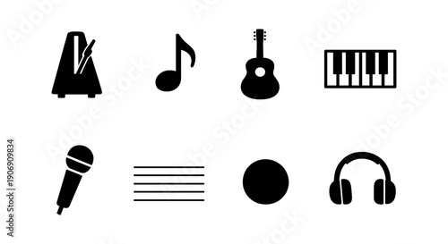 Music elements: metronome, note, guitar, keyboard, microphone, sheet, record, headphones icons