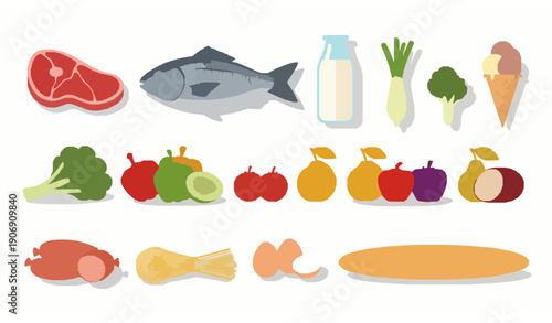 Flat Supermarket Grocery Food Vector Set with Fresh Products and Daily Essentials