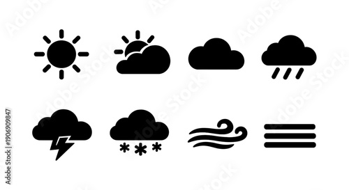 Weather icons collection: sun, clouds, rain, lightning, snow, wind, fog