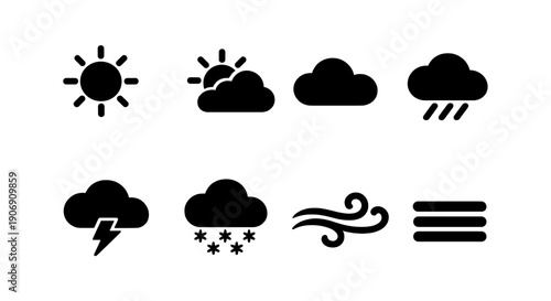 Weather icons: sun, clouds, rain, lightning, snow, wind, fog symbols