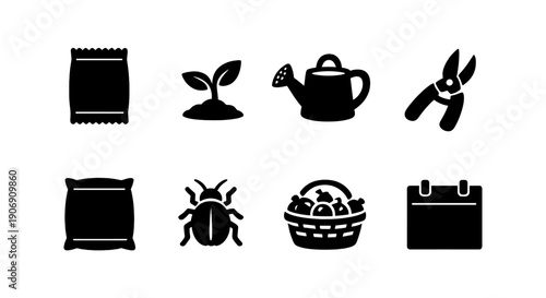 Garden tools and agriculture icons: seeds, plants, watering can, pruner, fertilizer, insect, harvest, calendar