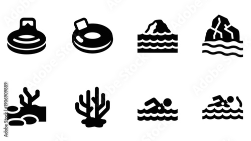 Swimming and ocean activity icons: silhouette collection featuring buoys, waves, and coral