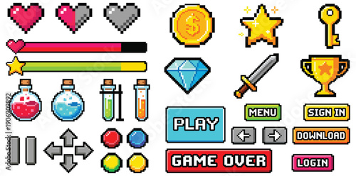Game Elements Set: A collection of pixelated game assets, icons, and buttons perfect for enhancing any gaming or design project, offering versatile design possibilities.
