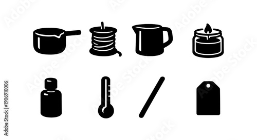 Minimalist black icons: cooking, candle, beverage, bottle, thermometer, label