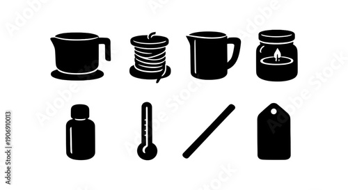 Set of household item icons - cup, candle, thermometer, jar, bottle