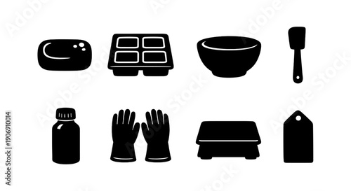 Soap making tools set with molds bowls and safety gear in simple icons